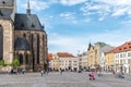 Plzen, Czech Republic - May 12 2019: St. Bartholomew`s Cathedral on the Square of the Republic