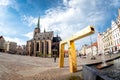 Plzen Pilsen, Czech Republic - May 05, 2022: St. Bartholomew`s Cathedral in the main square of Plzen with a fountain on the Royalty Free Stock Photo