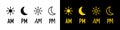 AM and PM icon. Moon and sun signs for night or morning. Graphic symbol with font for clock, time, business and hour. Black and