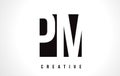 PM P L White Letter Logo Design with Black Square.