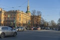 20/03/2022 16:55 PM Russia St. Petersburg Moika river embankment, daytime car traffic. Michalovsky Castle