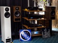 PMC audio system and vinyl turntable in the dark room of the Borodino hotel at the Hi-Fi and High End show Royalty Free Stock Photo