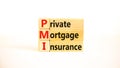 PMI private mortgage insurance symbol. Concept words PMI private mortgage insurance on blocks on a beautiful white table, white Royalty Free Stock Photo