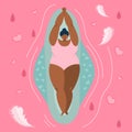 Body positive young girls lies on Hygienic Menstrual Pads. Vector illustrations menstrual period cycle, PMS and blood is