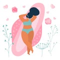 Vector illustrations with body positive young girls lies on Hygienic Menstrual Pads. The menstrual period cycle, PMS and
