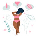 Body positive young girls or woman wich choice hygienic device pads, menstrual cup and tampon. Vector illustrations