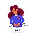 PMS symptoms concept. Woman suffering from premenstrual syndrome such as abdominal pain. Flat style vector illustration