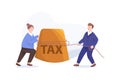 Business Taxation Concept. Businesspeople Pull and Push Huge Weight with Tax Inscription.