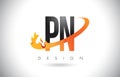 PN P N Letter Logo with Fire Flames Design and Orange Swoosh.