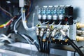 Pneumatic control board in production. Distributor of pneumatic control lines. Industrial photo Royalty Free Stock Photo