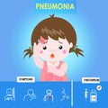 Infographics of pneumonia. Kid girl pneumonia with cough and red skin, Health care cartoon character. Royalty Free Stock Photo