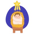 Little baby Jesus on the manger, looking the star, Christmas scene.