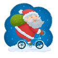 Santa riding a bicycle carrying a bag full of gifts Royalty Free Stock Photo