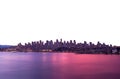 sunset skyline. generic city. transparent isolated PNG file. pink and purple dusk or sunset. ocean.
