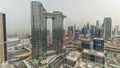 Pnorama showing futuristic Dubai Downtown and finansial district skyline aerial timelapse.