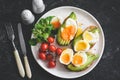 Poached egg and avocado toasts on white plate, top view Royalty Free Stock Photo