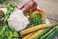 Poached egg with corn vegetables, grilled pepper, spinach, arugula, green beans and baby salad. Natural food. Royalty Free Stock Photo