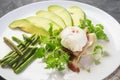 Poached egg with corn vegetables, grilled pepper, spinach, arugula, green beans and baby salad. Natural food. Scandinavian Breakfa Royalty Free Stock Photo