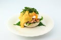 Poached egg on English muffins toasted,tuna, and delicious buttery hollandaise sauce with Shiso Leaf Royalty Free Stock Photo