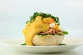 Poached egg on English muffins toasted,tuna, and delicious buttery hollandaise sauce with Shiso Leaf Royalty Free Stock Photo