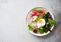 Poached egg and fresh salad of assorted radish and mixed salad leaves Royalty Free Stock Photo