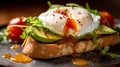 poached egg with leaking yolk, protein healthy food, egg benedict