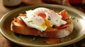 poached egg with leaking yolk, protein healthy food, egg benedict