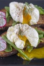 Poached egg on a piece of bread with fried green beans, radish and arugula on a plate Royalty Free Stock Photo