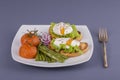 Poached egg on a piece of bread with fried green beans, tomato and arugula on a plate Royalty Free Stock Photo