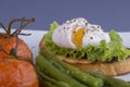 Poached egg on a piece of bread with fried green beans, tomato and arugula on a plate Royalty Free Stock Photo