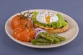 Poached egg on a piece of bread with fried green beans, tomato and arugula on a plate Royalty Free Stock Photo