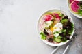 Poached egg and purple and white radish, cucubber and mixed salad leaves fresh salad Royalty Free Stock Photo