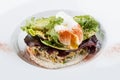 Poached egg with quinoa and salad on a white plate Royalty Free Stock Photo