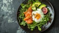 Poached egg and salmon on an avocado salad., AI Generated