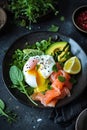 Poached egg and salmon on an avocado salad., AI Generated