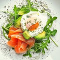 Poached egg and salmon on an avocado salad., AI Generated