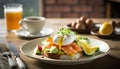 Poached egg sandwich with salmon, avocado and poached egg.