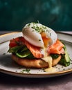 Poached egg sandwich with salmon, avocado, cucumber and dill