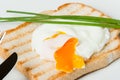 Poached Egg On Toast With Chives. White Plate