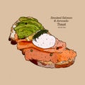 Poached egg on toast, with smoked salmon and avocado, hand draw sketch vector