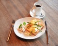 Poached egg on toasted white bread with bacon, young asparagus and cole slow salad Royalty Free Stock Photo