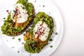 Poached eggs with avocado guacomole on brown bread with sesame seeds. Healthy breakfast on a white background. Royalty Free Stock Photo