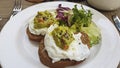 Poached eggs, avocado with sesame seeds on dark bread. Salad radish.