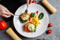 Poached eggs with french fries and bacon on toast Royalty Free Stock Photo