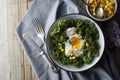 Poached eggs with Kale lettuce and corn salad. Healthy breakfast or dinner. Lose weigh, clean eating