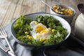 Poached eggs with Kale lettuce and corn salad. Healthy breakfast or dinner. Lose weigh, clean eating