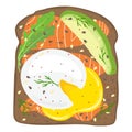 Poached eggs with salmon and avocado on toast bread. Delicious poached egg lox sandwich with toast bread. Vector illustration. Royalty Free Stock Photo