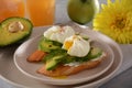 Poached eggs and sandwiches with avocado. Sliced avocado and egg on toasted bread Royalty Free Stock Photo