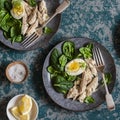 Poached mackerel, spinach and egg on a dark background, top view. Delicious healthy food Royalty Free Stock Photo
