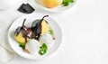 Poached pears with chocolate sauce and ice cream Royalty Free Stock Photo